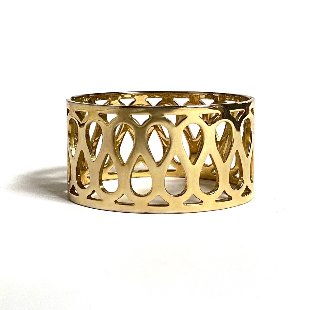 1 3/8" Wide Openwork Polished Gold Tone Hinged Clamper Bracelet *70s*GUC*